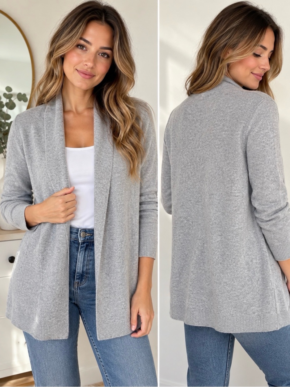 Light Gray Cotton Cashmere Blend Open Front Cardigan Size S - Picture 1 of 5